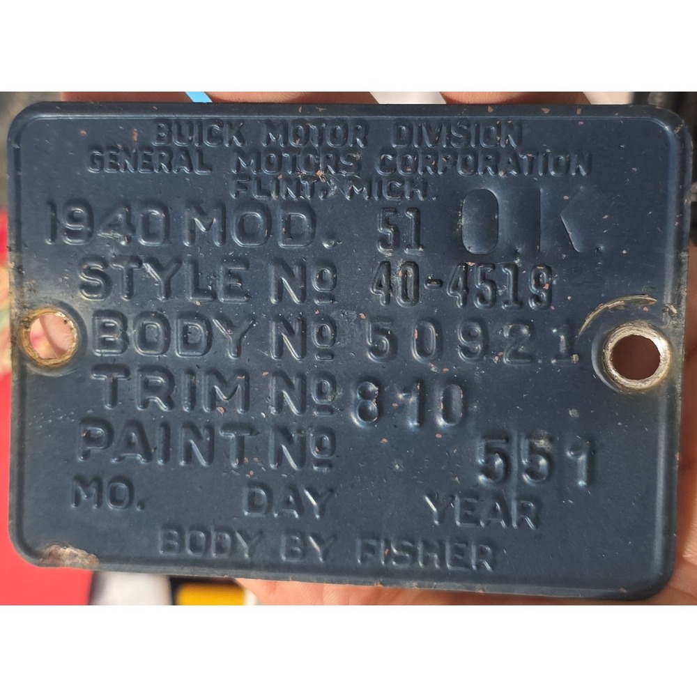 1940 Buick Model 51 Data Plate Style 40-4519 Body by Fisher GM Cowl Tag Blue